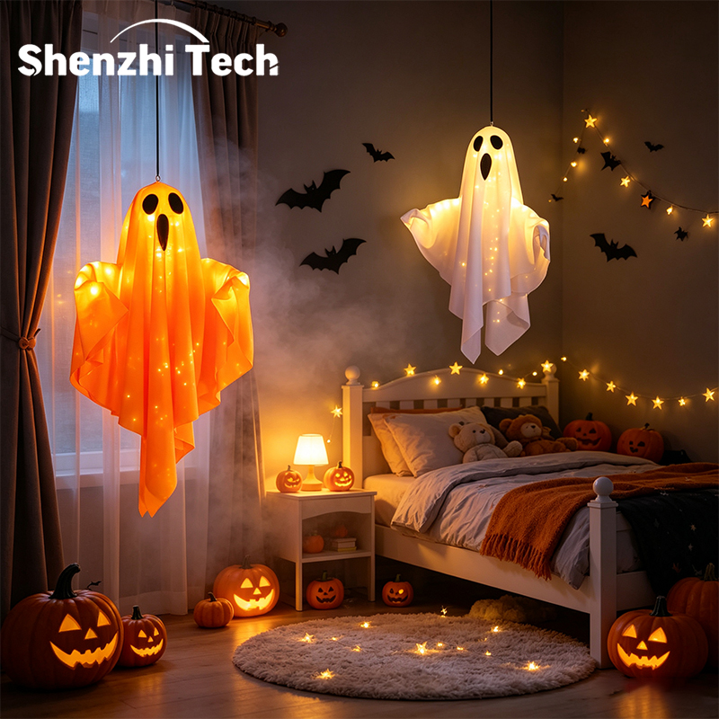 Lighting Decor Bedroom - โคมไฟผีประดับตกแต่งสำหรับวันฮาโลวีน ใช้พลังงานจากแบตเตอรี่ ไฟ LED รูปผี ทำจากผ้า