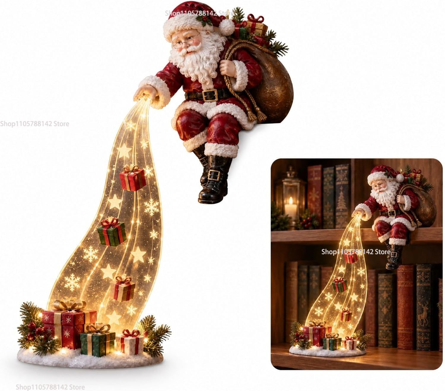 Lighting Christmas Decor - ของตกแต่งฉากไฟประดับขอบชั้นวางสำหรับคริสต์มาส, ของตกแต่งบ้านเรซินรูปตุ๊กตาหิมะนั่งบนชั้นวางแบบสั่งทำพิเศษ